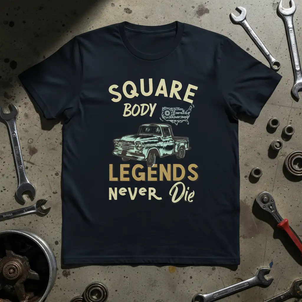 SQUARE BODY LEGENDS Never Die vintage pickup truck design on a dark t-shirt