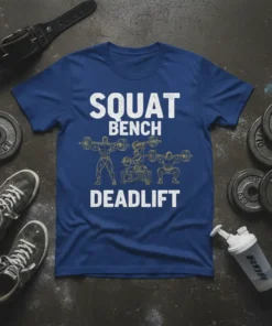 SQUAT BENCH DEADLIFT text with illustrations of weightlifters performing these exercises on a blue t-shirt