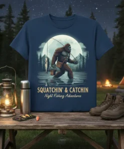 Bigfoot fishing at night design with text "SQUATCHIN' & CATCHIN' Night Fishing Adventures" under a large moon
