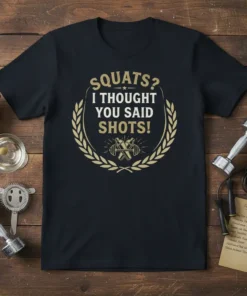 Squats? I Thought You Said Shots! funny gym quote t-shirt with dumbbells graphic