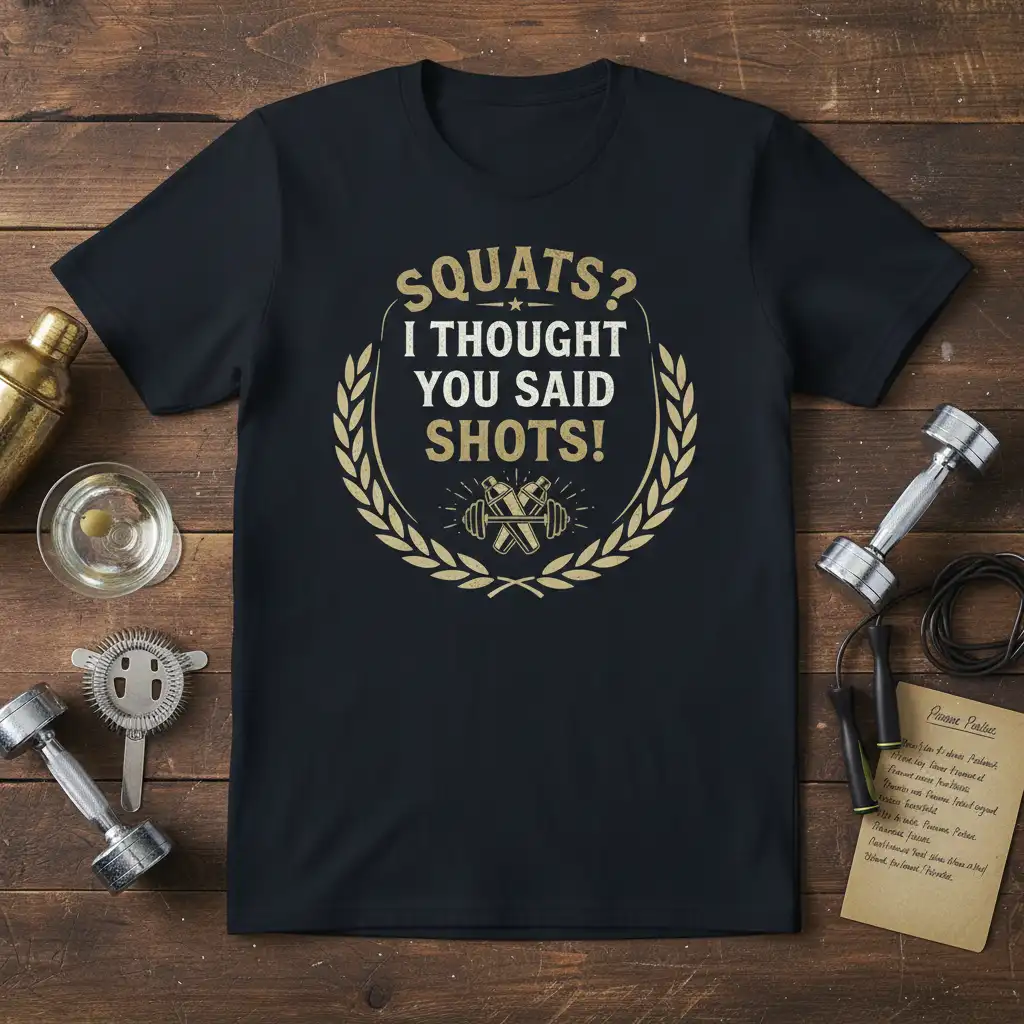 Squats? I Thought You Said Shots! funny fitness quote tee with dumbbell graphic and laurel wreath