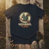 Squirrel Life t-shirt design featuring a green squirrel holding an acorn on a branch, with decorative border