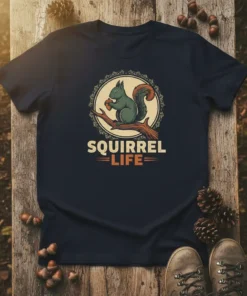 Squirrel Life t-shirt design featuring a green squirrel holding an acorn on a branch, with decorative border