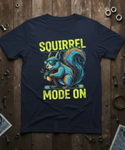 Squirrel Mode On t-shirt with a cool squirrel wearing sunglasses holding an acorn, set against a vibrant background