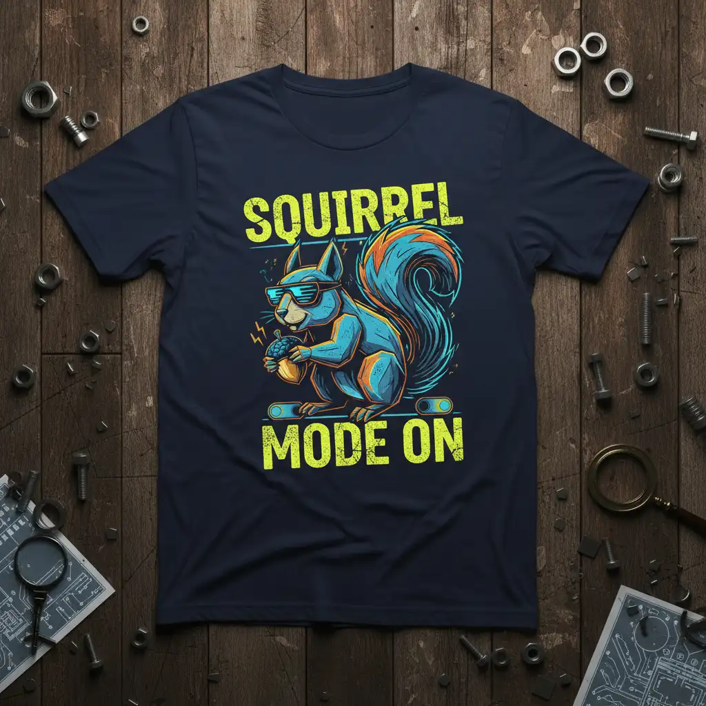 Squirrel Mode On t-shirt design featuring a cool squirrel character with sunglasses holding an acorn, ready for action