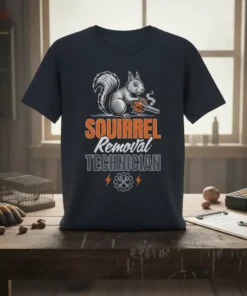 Squirrel Removal Technician t-shirt design with a squirrel holding a tool and text