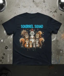 Squirrel Squad T-Shirt featuring a group of cute cartoon squirrels with the text "Squirrel Squad" above them