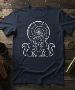 Squirrels howling at a white swirling galaxy graphic on a navy blue t-shirt. Primary keyword: Squirrels Howling Galaxy