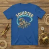 Blue t-shirt with "Squirter" text above a cartoon octopus holding a water gun, spraying water in a circle