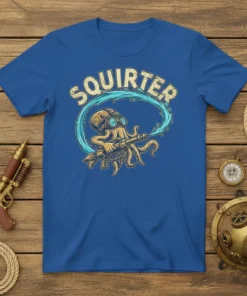 Blue t-shirt with "Squirter" text above a cartoon octopus holding a water gun, spraying water in a circle