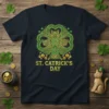 St. Catrick's Day t-shirt design featuring three cats within a green shamrock and gold coins, with "ST. CATRICK'S DAY" text