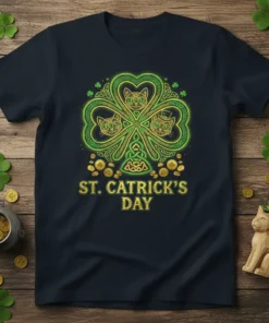 St. Catrick's Day t-shirt design featuring three cats within a green shamrock and gold coins, with "ST. CATRICK'S DAY" text