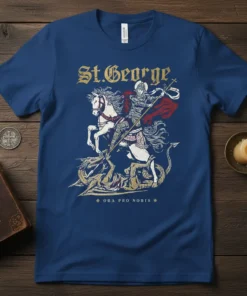 St. George Ora Pro Nobis T-Shirt featuring a knight on horseback spearing a dragon, with ornate text