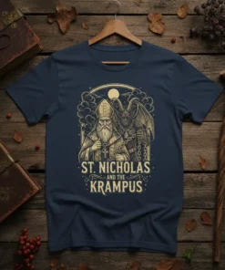 St. Nicholas and the Krampus t-shirt design featuring St. Nicholas with a beard and robe beside the demon Krampus with