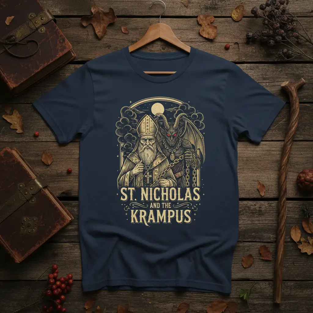 St. Nicholas and the Krampus folklore design featuring St. Nicholas and Krampus with bold typography