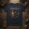 St. Nick vs. Krampus t-shirt design featuring a detailed illustration of Saint Nicholas facing off against Krampus within a thorny