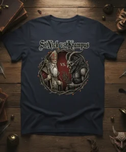 St. Nick vs. Krampus t-shirt design featuring a detailed illustration of Saint Nicholas facing off against Krampus within a thorny