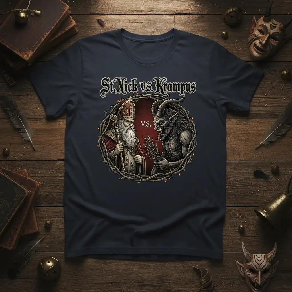 St. Nick vs. Krampus design with Saint Nicholas and Krampus in a circular battle, detailed illustration, folklore apparel