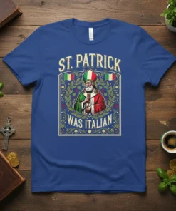 St. Patrick Was Italian T-Shirt design featuring St. Patrick in a bishop's attire with Italian flags and laurel wreath
