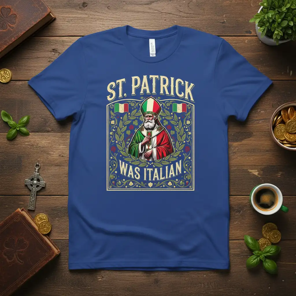 St. Patrick Was Italian slogan with St. Patrick figure and Italian flags on a blue t-shirt