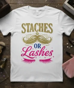 Staches or Lashes text with mustache and eyelashes graphic on a white t-shirt, gold and pink glitter design