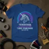 Stagehands are fabulous and magical like unicorns only better quote on a blue t-shirt with a geometric unicorn graphic