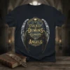Stalked by Demons Guarded by Angels text with skull and wings graphic on black t-shirt