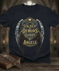 Stalked by Demons Guarded by Angels text with skull and wings graphic on black t-shirt
