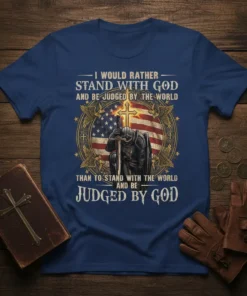 Christian knight kneeling before American flag with quote "I Would Rather Stand With God" T-Shirt