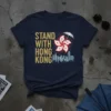 Stand With Hong Kong text with Bauhinia flower, umbrella, and city skyline graphic on a navy blue t-shirt