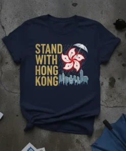 Stand With Hong Kong text with Bauhinia flower, umbrella, and city skyline graphic on a navy blue t-shirt