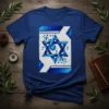 Blue geometric Star of David graphic with hexagonal patterns on a white background, featured on a royal blue t-shirt