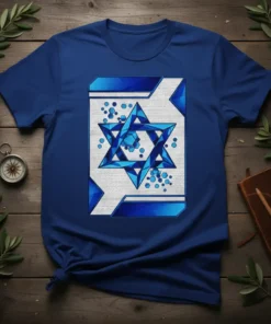 Blue geometric Star of David graphic with hexagonal patterns on a white background, featured on a royal blue t-shirt