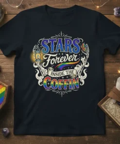 Stars Forever Inside The Coffin T-Shirt with rainbow accents and gothic skeleton hands