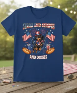 Stars and Stripes and Doxies t-shirt featuring a dachshund in a top hat with American flags and hot dogs