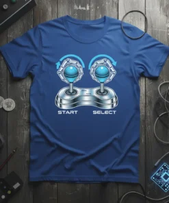 Start Select text with retro joystick graphic on a blue t-shirt, perfect for gamers