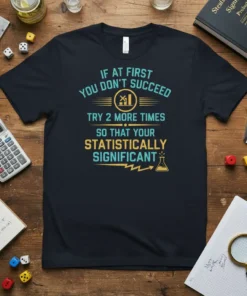T-shirt with the quote "If At First You Don't Succeed Try 2 More Times So That Your Statistically Significant" in