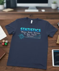 STATISTICS Means Never Having To Say You're Certain quote t-shirt with a globe and circuit board graphic