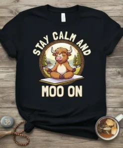 Highland cow meditating on a mat with "Stay Calm and Moo On" text, suitable for yoga enthusiasts