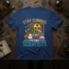 Stay Curious Future Scientists t-shirt with science gears, microscope, and radiation symbol design