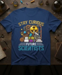 Stay Curious Future Scientists t-shirt with science gears, microscope, and radiation symbol design