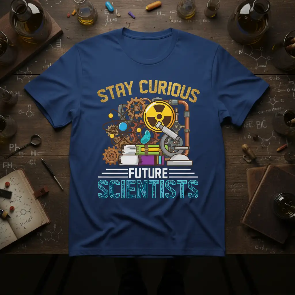 Stay Curious Future Scientists quote t-shirt with science gears, microscope, and educational graphics