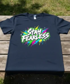 Navy blue t-shirt with white "Stay Fearless" text surrounded by colorful spray paint and lightning bolt graphics
