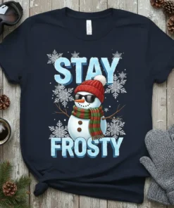Stay Frosty t-shirt design with a cool snowman wearing sunglasses and a scarf, surrounded by snowflakes