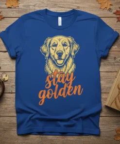 Blue t-shirt featuring a golden retriever illustration and the text "stay golden" in orange script font