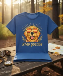 Stay Golden Golden Retriever wearing sunglasses graphic on blue t-shirt, with sunburst and laurel leaves