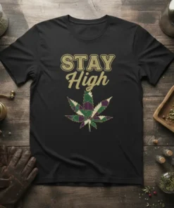 STAY High t-shirt with a green and purple plaid cannabis leaf graphic and distressed gold lettering