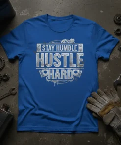 Stay Humble Hustle Hard quote on a blue t-shirt, featuring industrial gears and piston graphics, motivational apparel