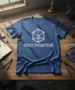 Blue t-shirt with white text 'STAY POSITIVE' and a geometric outline design above it