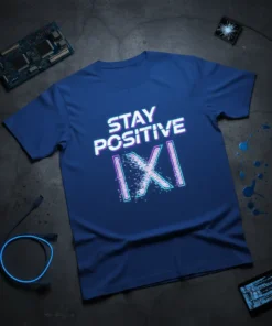 Stay Positive |X| t-shirt with a digital glitch effect on the text and symbol, presented on a blue shirt